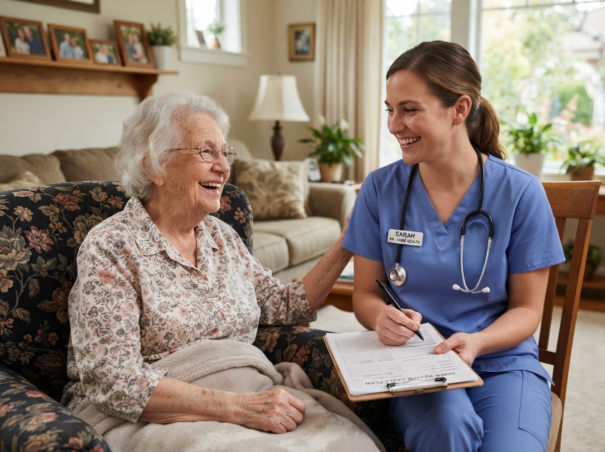 Home health aide smiling with patient