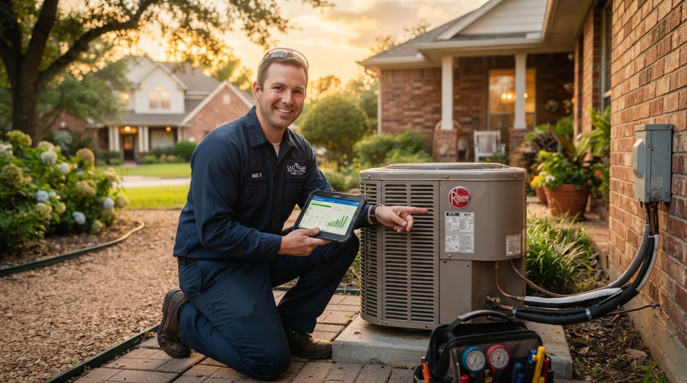 Keith Air Conditioning & Heating technician servicing a residential AC unit in East Texas