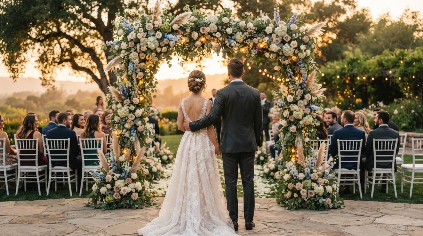 Wedding couple at a Garden Terrace ceremony arch with florals and string lights.