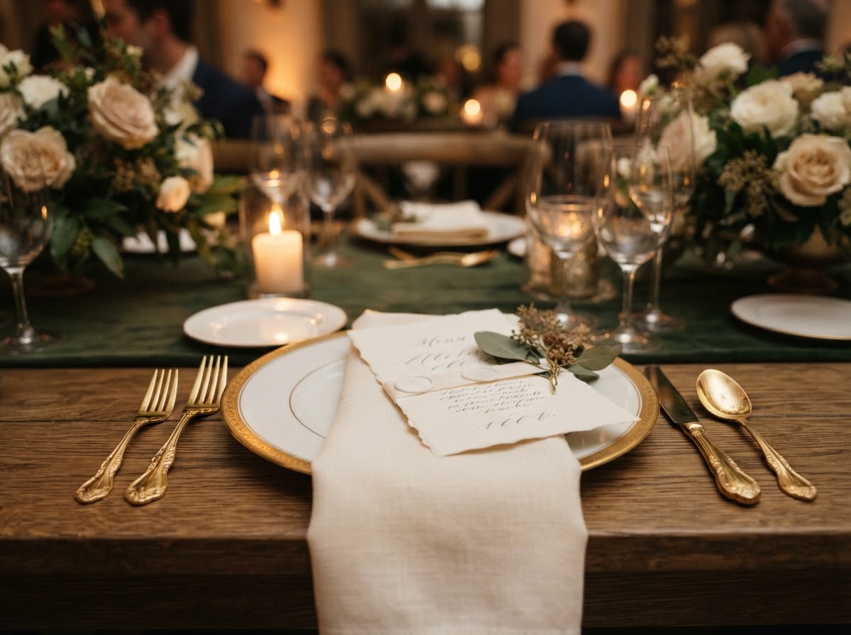 Elegant place setting detail with gold flatware.
