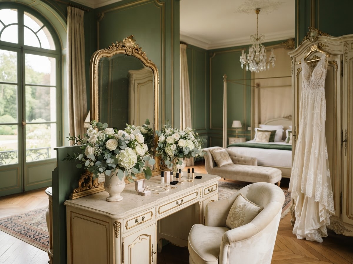 Bridal suite interior with a vanity mirror and floral arrangements.