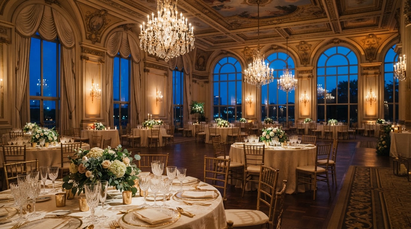 Grand Ballroom at dusk with warm chandeliers and set tables beneath tall windows.