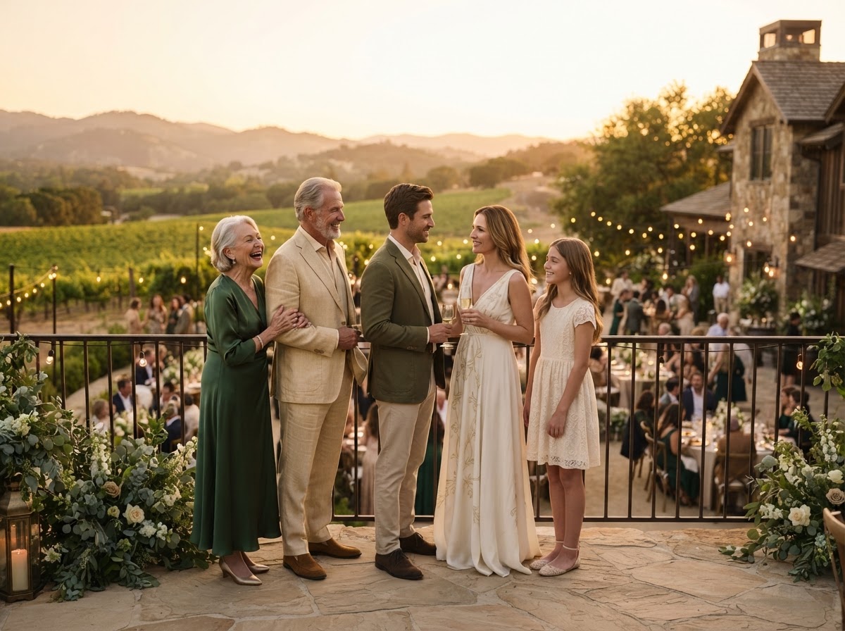 The founding family at their venue, photographed at golden hour.