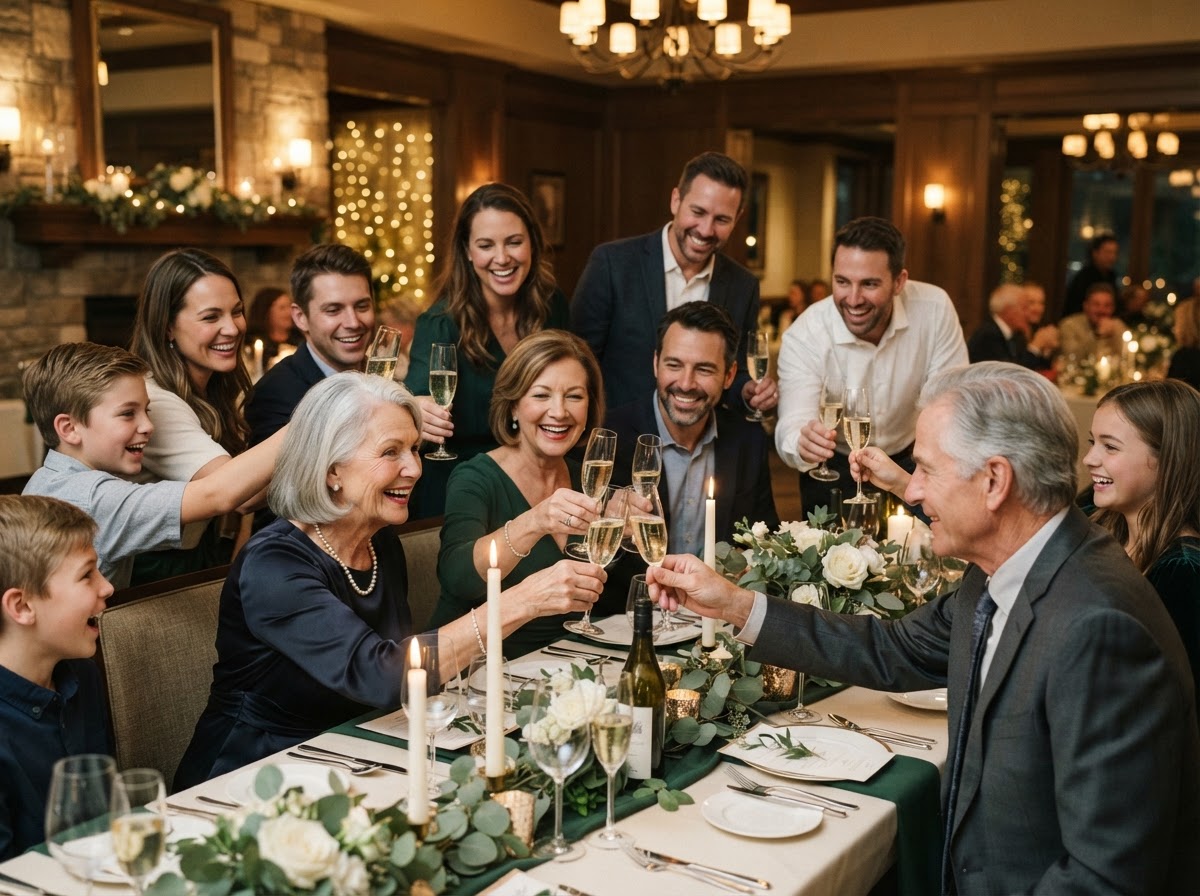 Multigenerational family toasting at an elegant table.