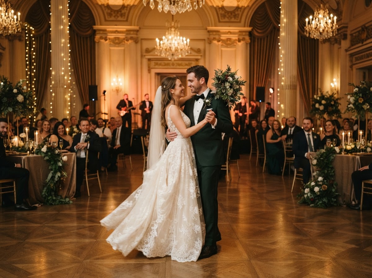 Wedding couple's first dance in a softly lit ballroom.