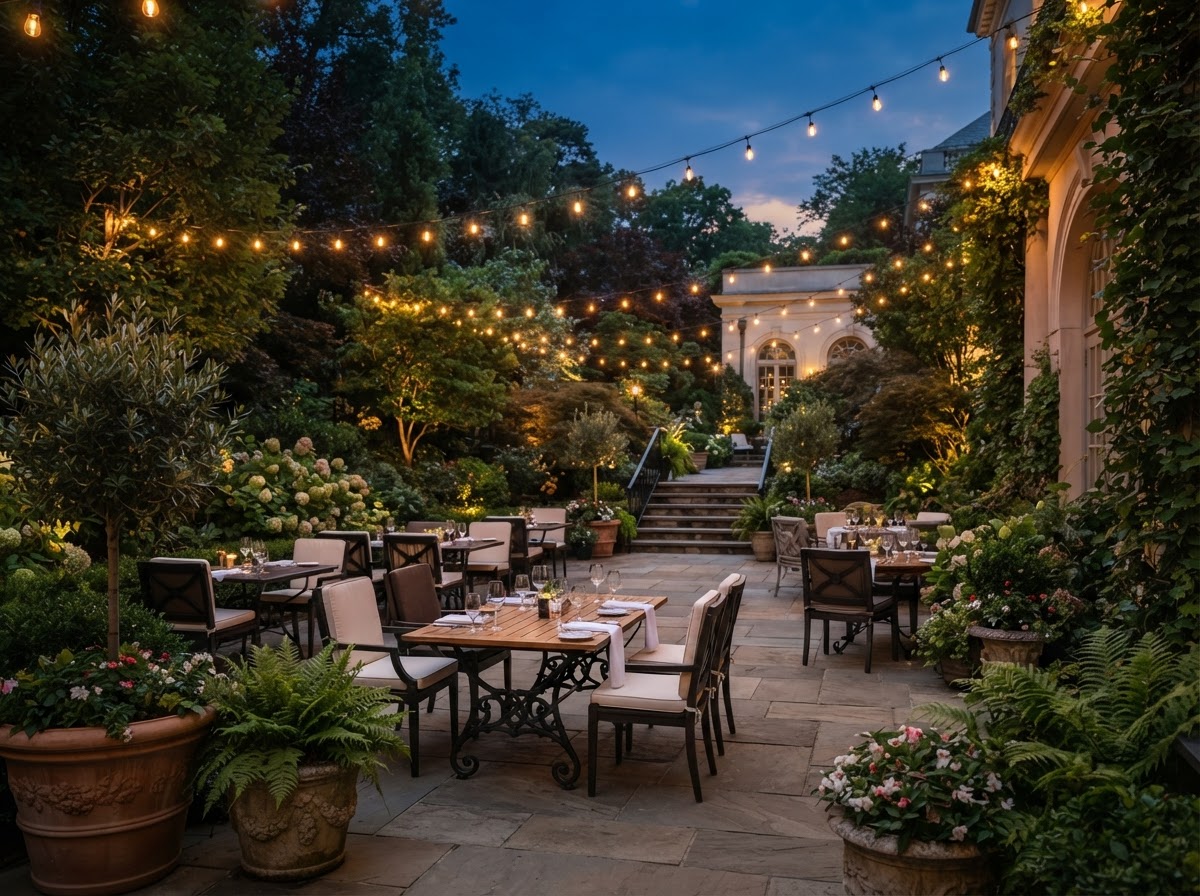 Garden Terrace at evening with warm string lights overhead and manicured landscaping.