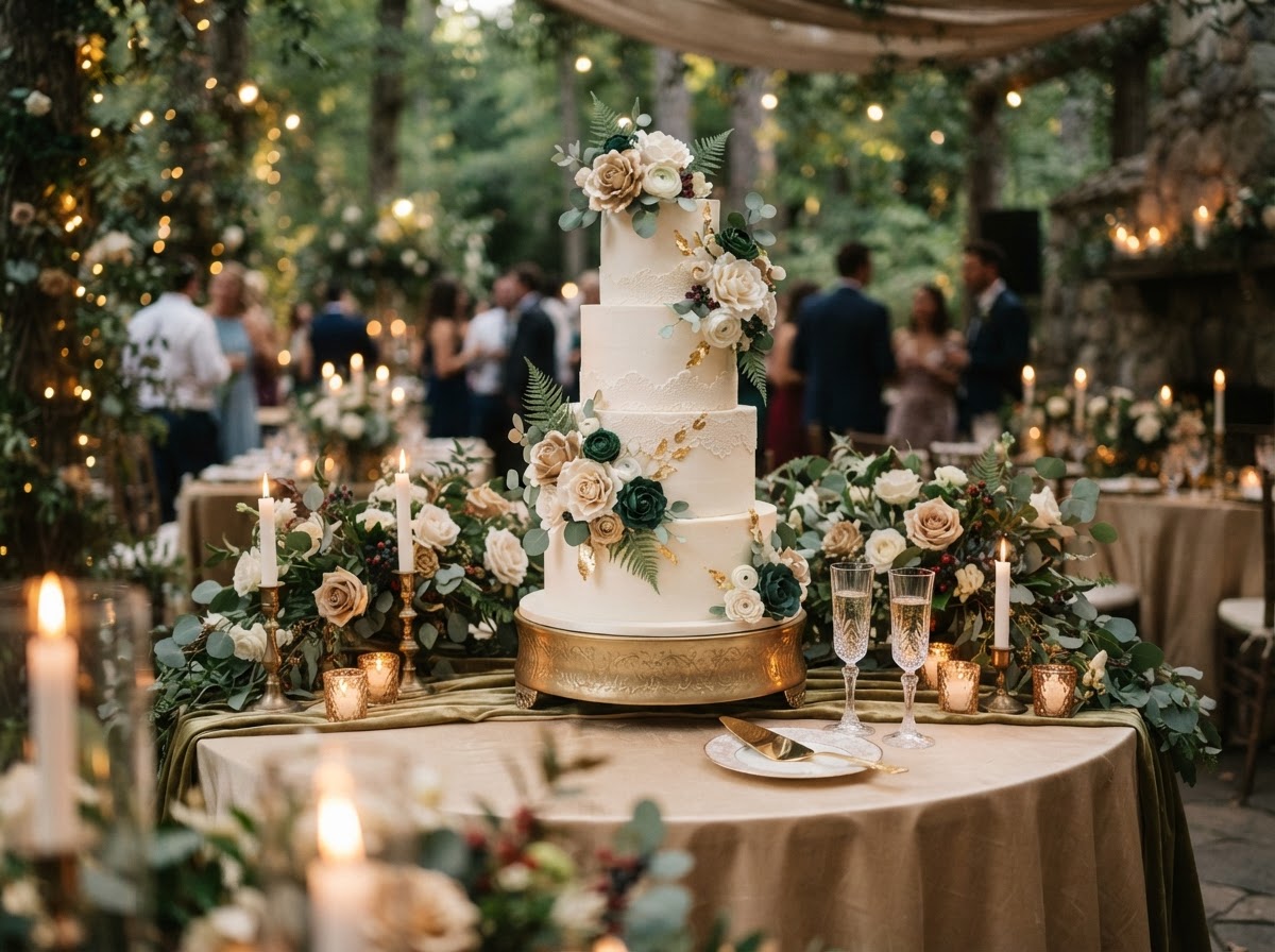 Multi-tier wedding cake with florals.