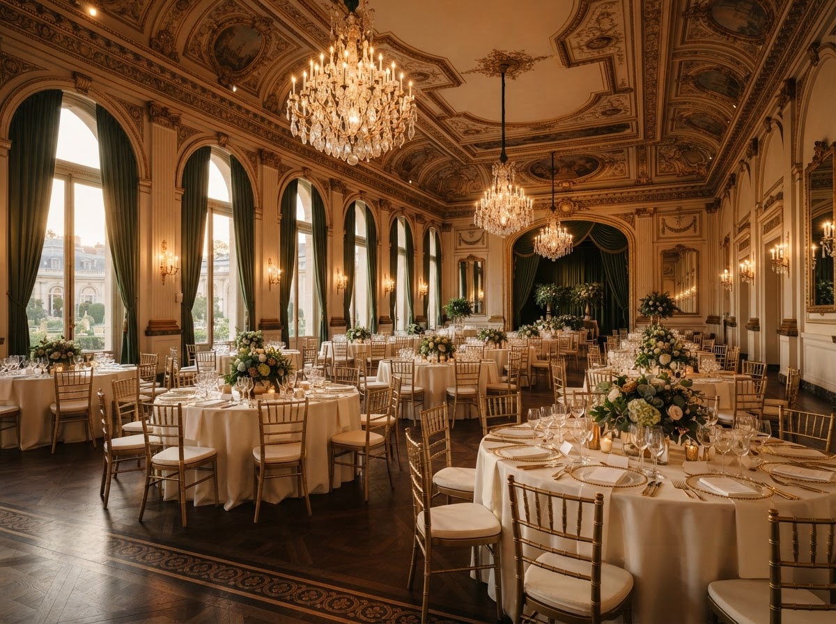 Grand Ballroom set for a banquet with round tables, gold chairs, and chandeliers.