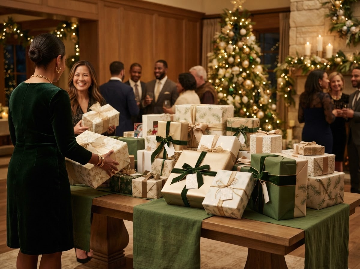 Seasonal toy drive with wrapped gifts on an elegant table.