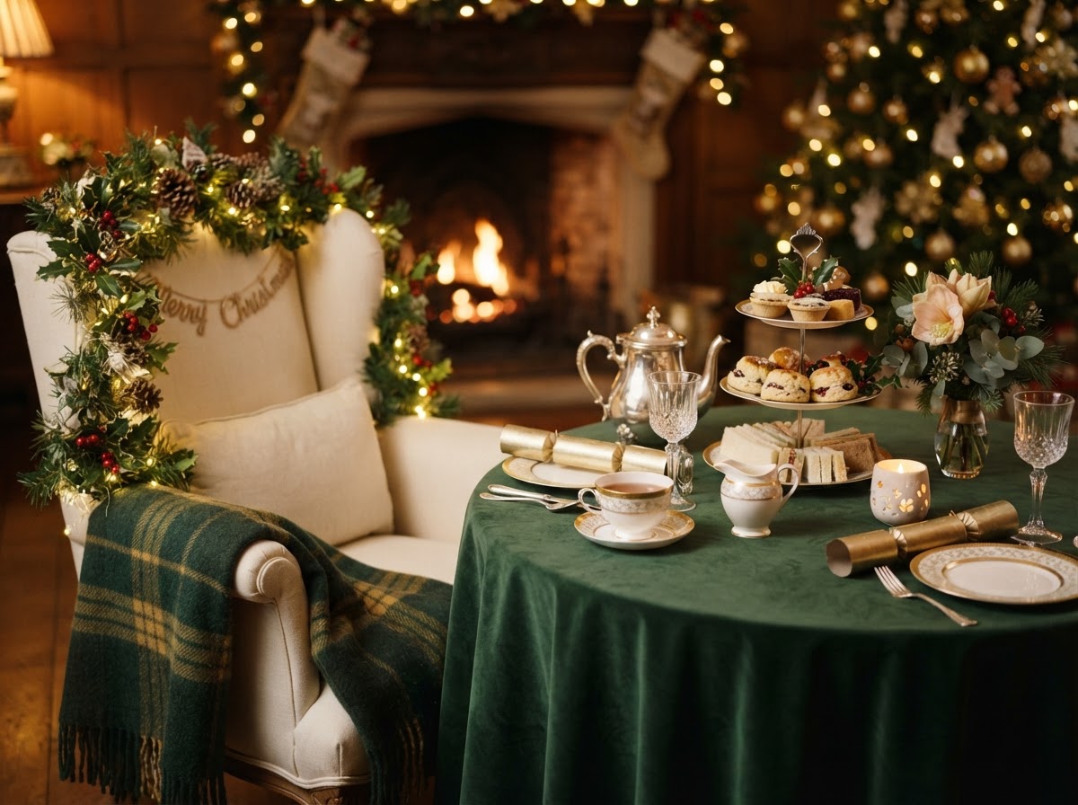 Elegant holiday tea table with festive treats and a decorated Santa chair.