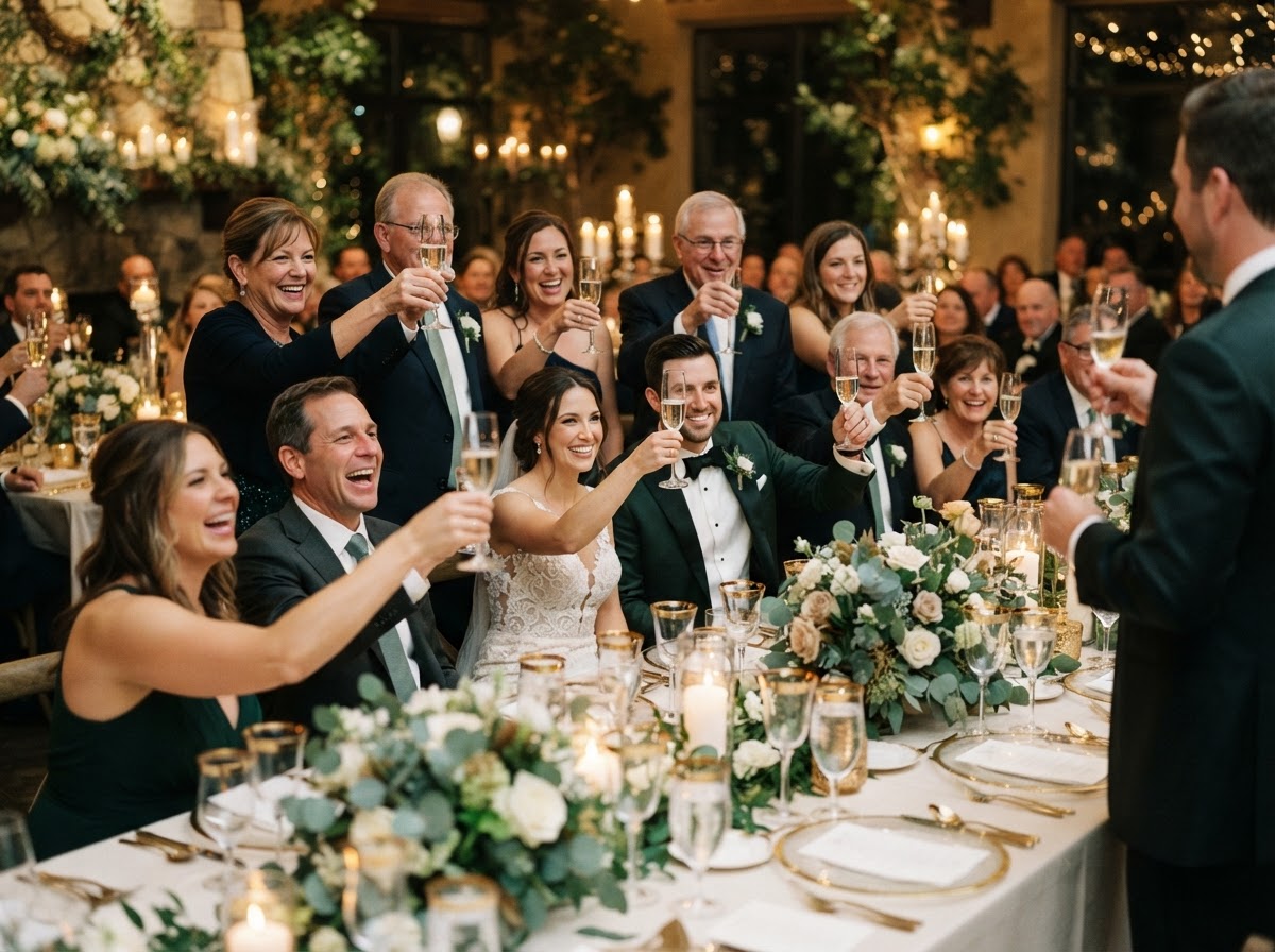 Wedding reception toast with guests raising glasses.