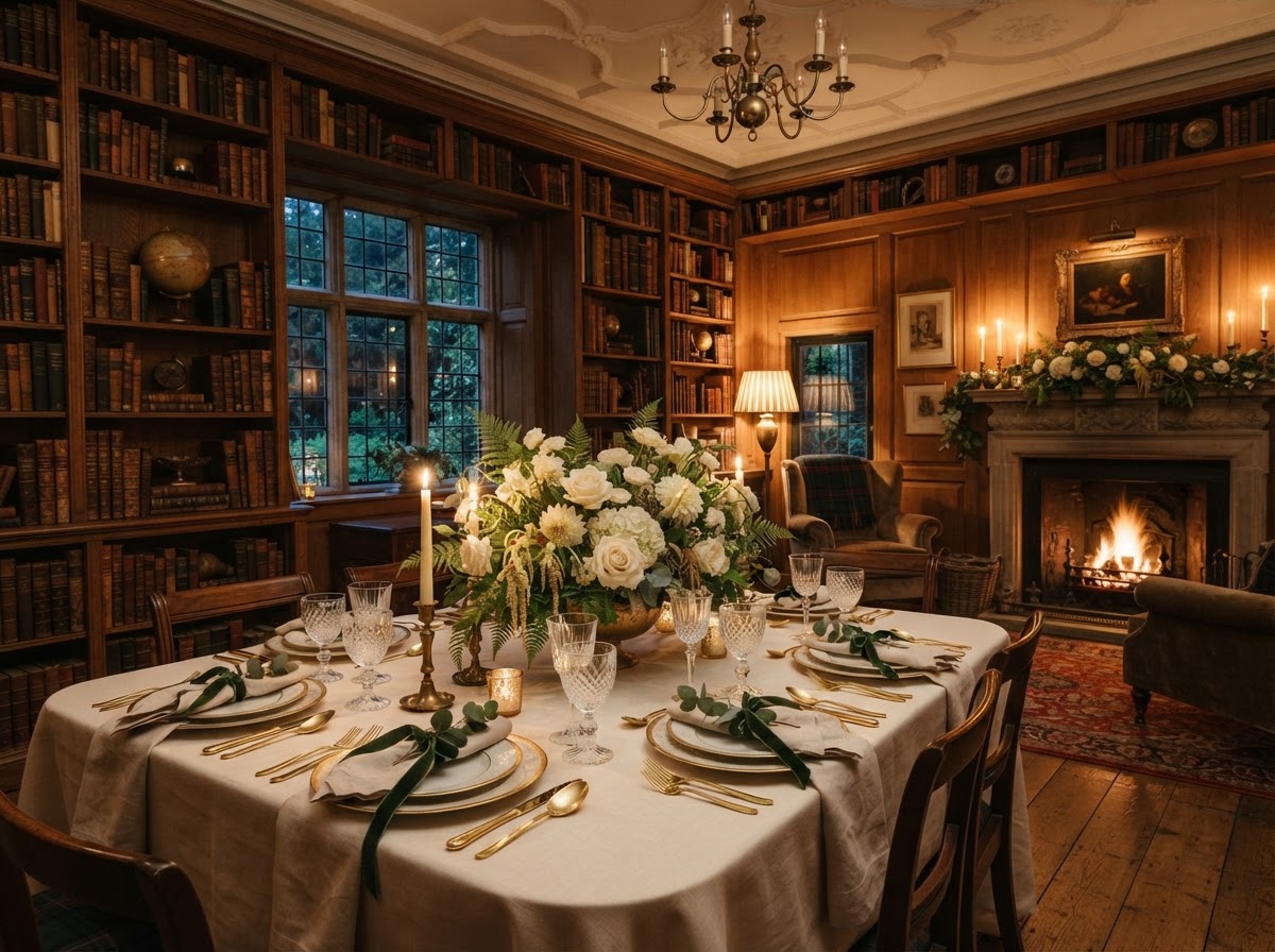 Library Room set for an intimate dinner with floral centerpiece and warm wood shelves.