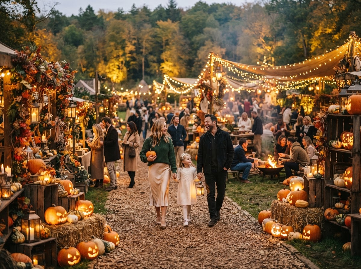 Harvest festival at dusk with pumpkins, lanterns, and warm string lights.