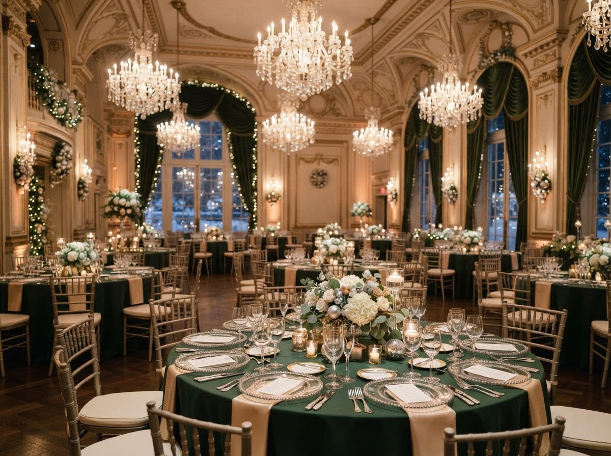 Elegant winter gala ballroom with silver and gold decor and sparkling chandeliers.