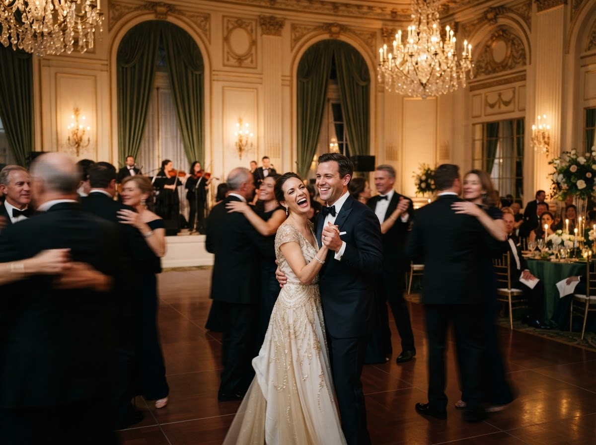 Couples dancing in a softly lit ballroom with warm ambient light.