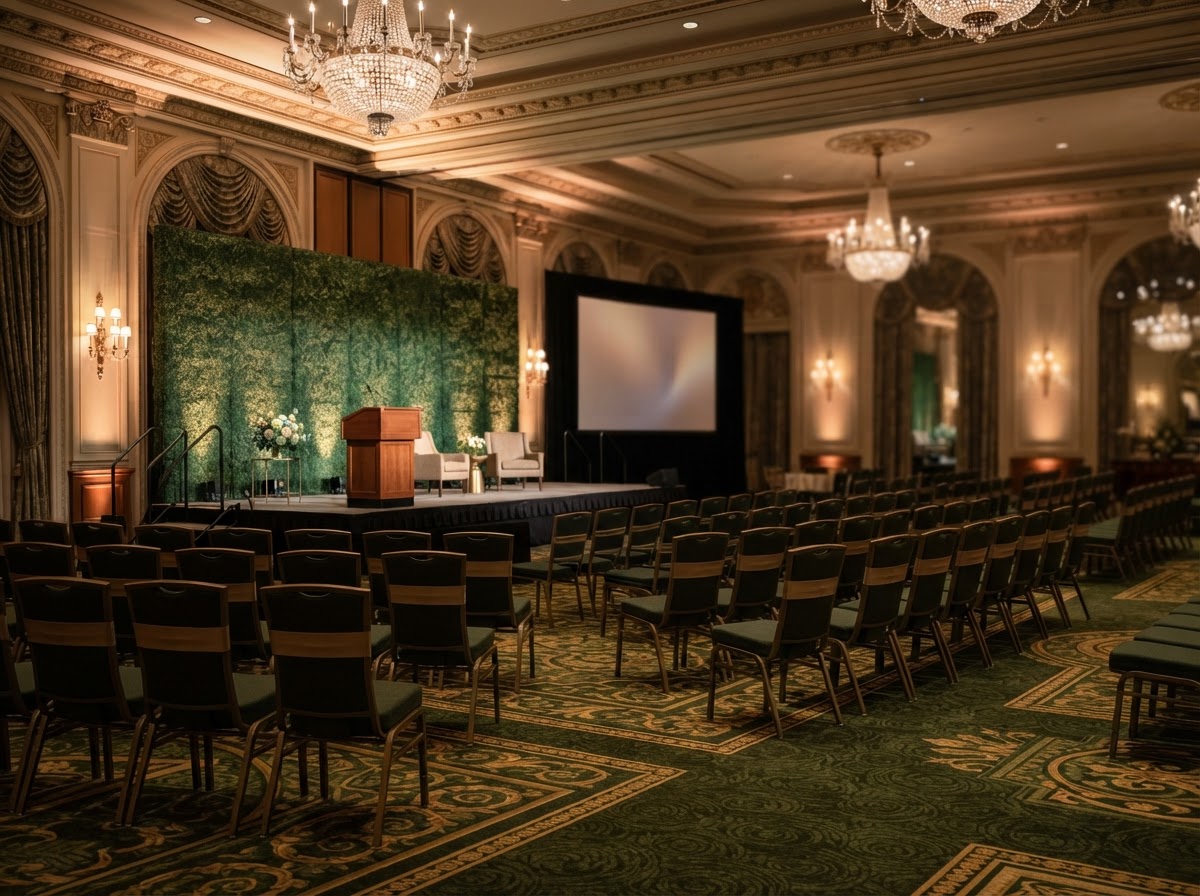 Corporate conference setup in an elegant ballroom.