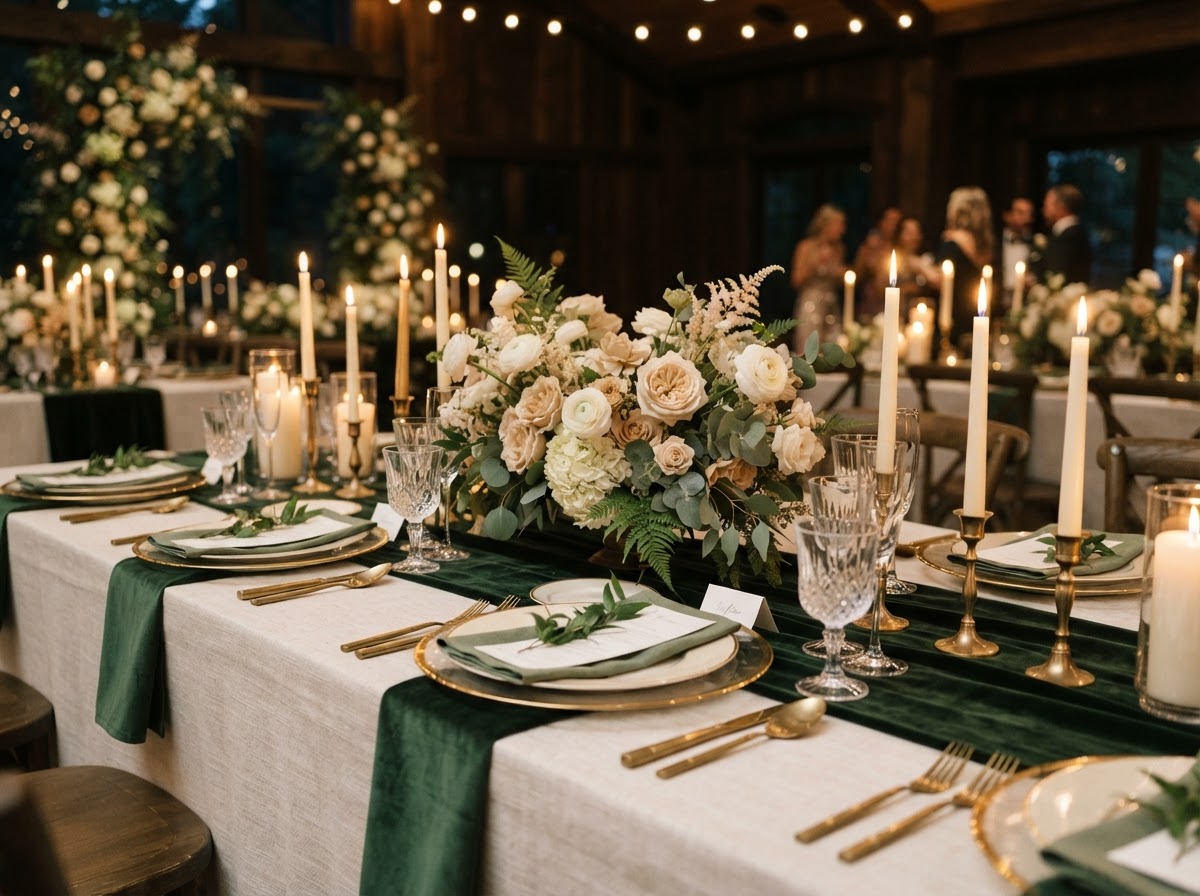 Reception tablescape with gold flatware and florals.