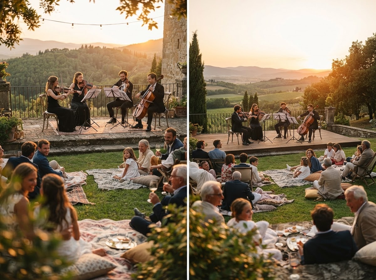 Outdoor string quartet performing at sunset with families seated on blankets and chairs.