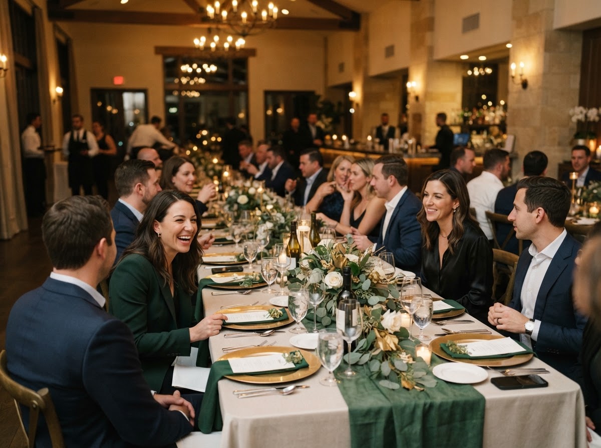 Corporate dinner at an elegantly set long table.