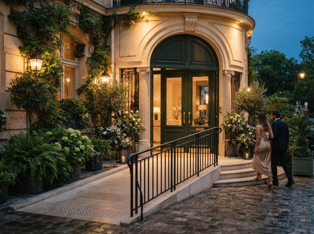 Accessible venue entrance with a ramp and wide doors.