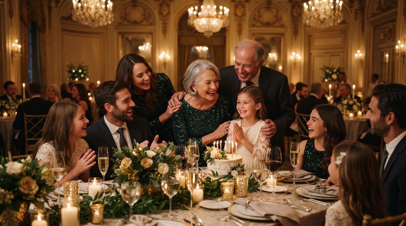 Family birthday celebration in the ballroom with kids and grandparents laughing.