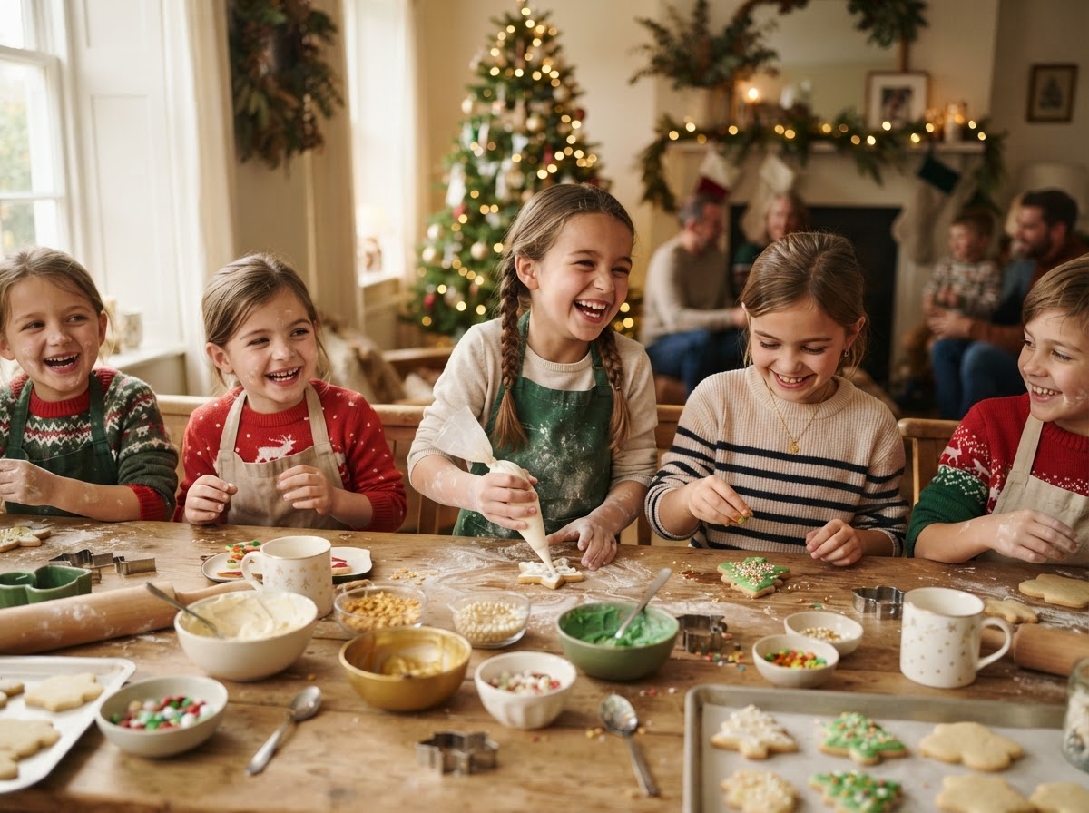 Kids decorating cookies at a long table in a warm, inviting setting.