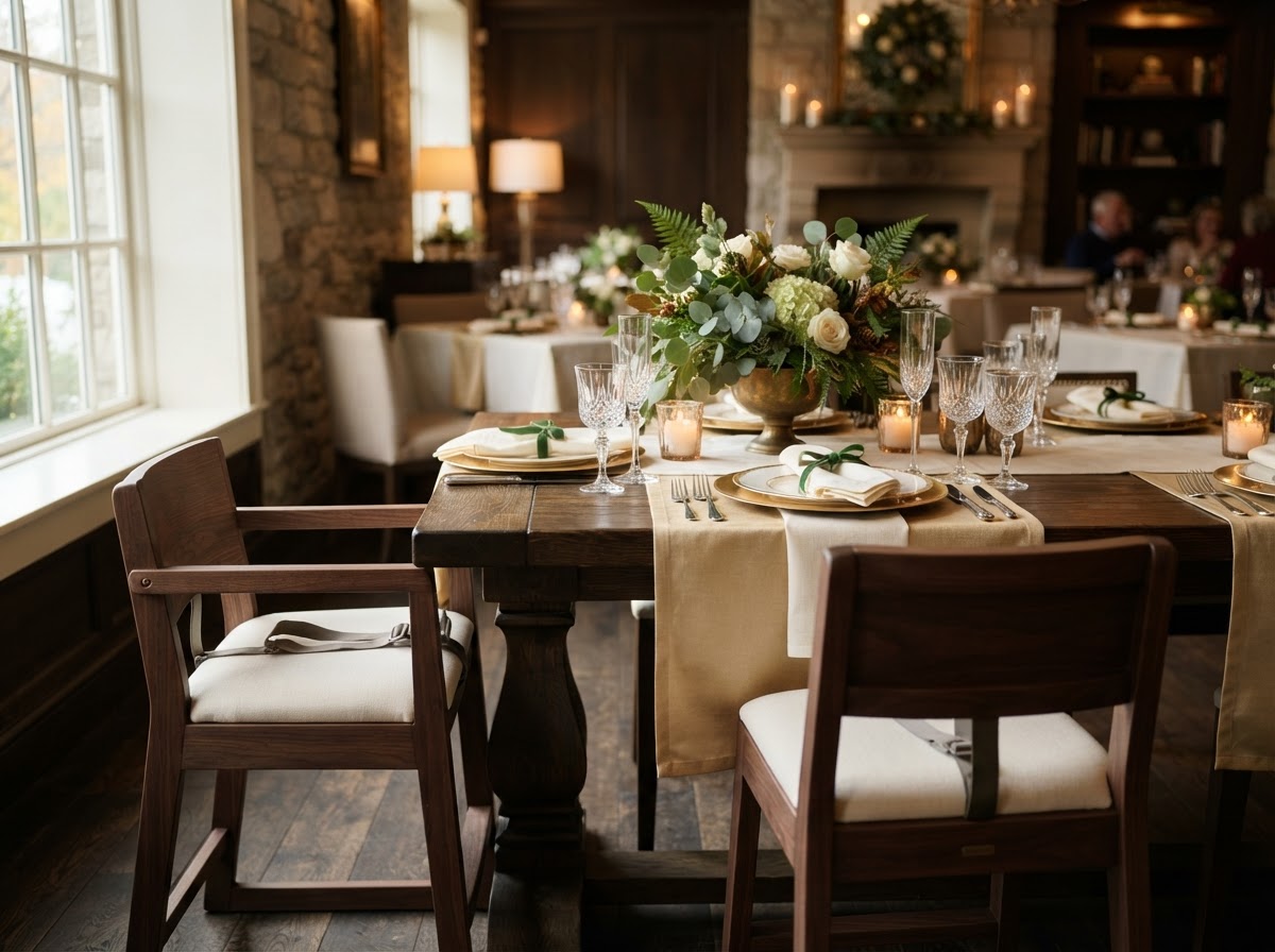 High chairs at an elegantly set family table.