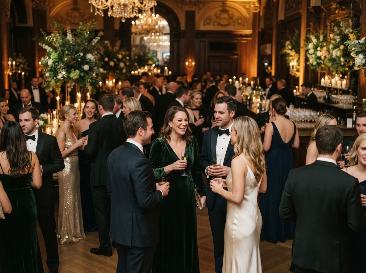 Charity night at an elegant venue with guests gathering warmly.