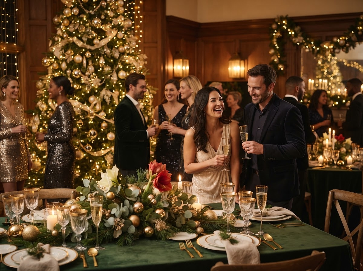 Holiday party with a decorated tree and warm string lights.