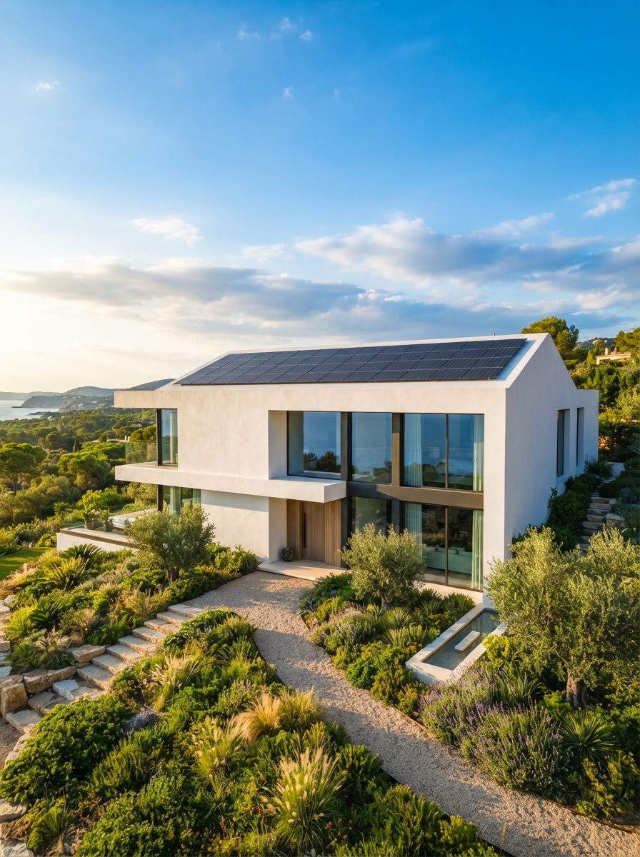Modern kuća sa solarnim panelima na krovu pod plavim nebom