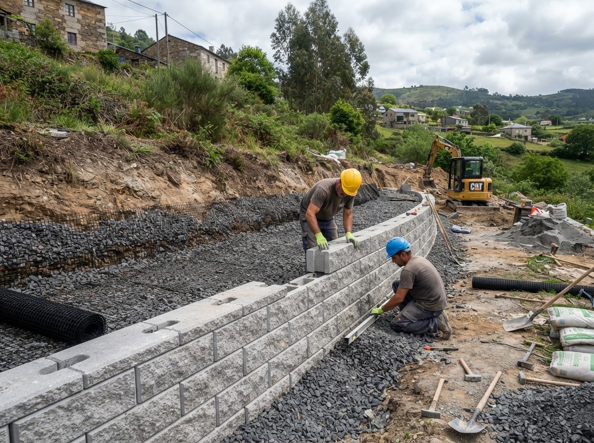 Instalación de muro Allan Block con grava y geomalla en Galicia