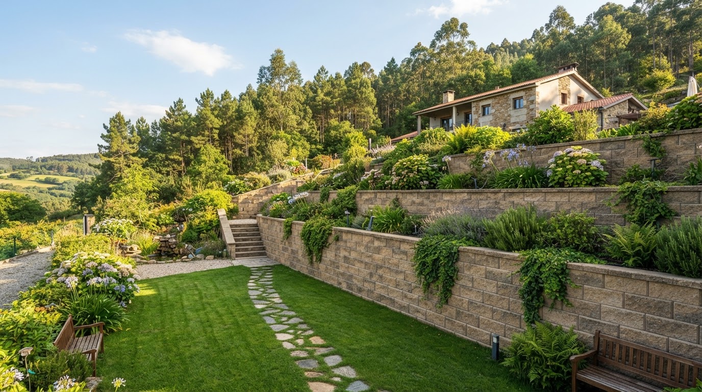 Muro de contención Allan Block instalado en jardín y talud residencial en Galicia