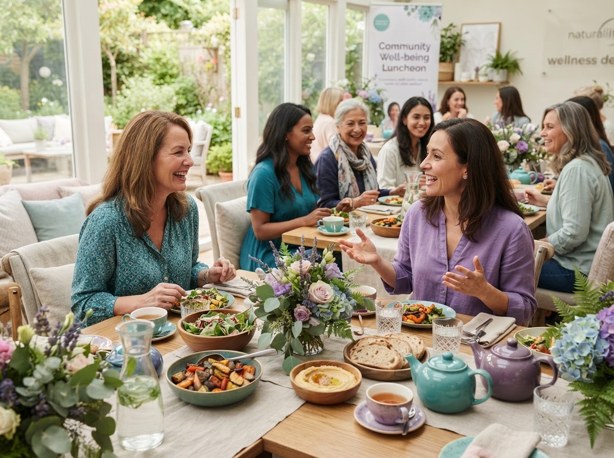 Women gathered at a wellness luncheon sharing conversation and healthy food