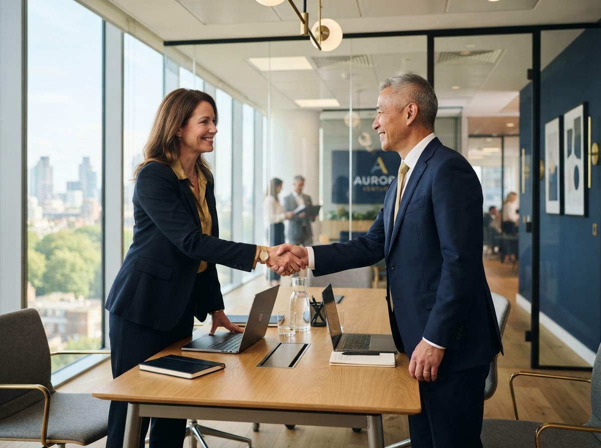 BMT Consulting partners shaking hands in a modern Virginia Beach office
