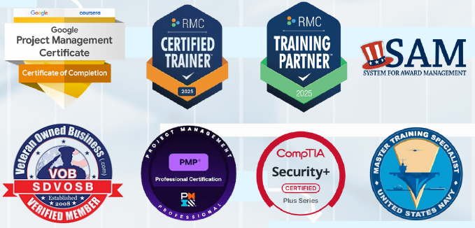 BMT Consulting credentials, certifications, and partner badges: Google Project Management, RMC Certified Trainer, RMC Training Partner, SAM, SDVOSB, PMP, CompTIA Security+, and US Navy Master Training Specialist
