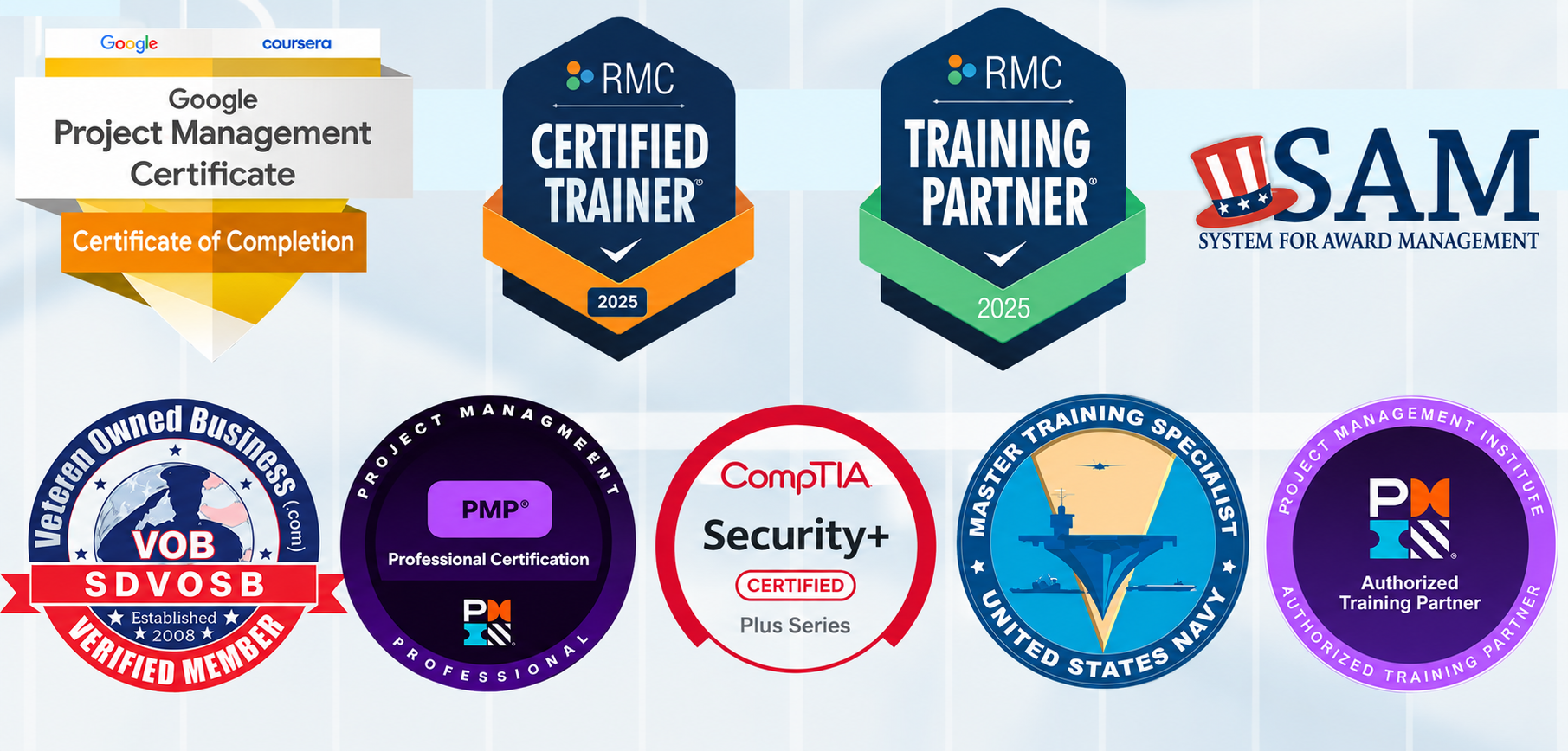 BMT Consulting credentials, certifications, and partner badges: Google Project Management, RMC Certified Trainer, RMC Training Partner, SAM, SDVOSB, PMP, CompTIA Security+, US Navy Master Training Specialist, and PMI Authorized Training Partner