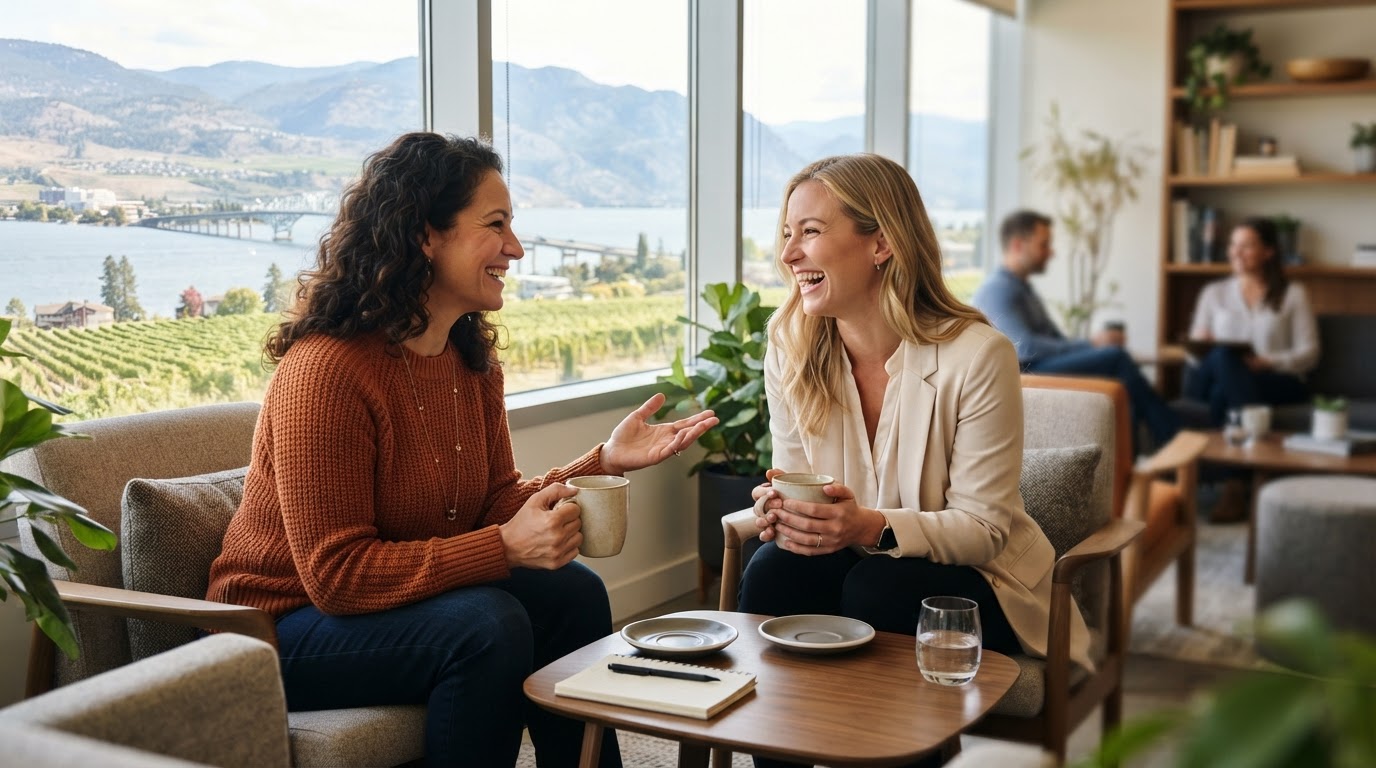 Two professionals having a warm face-to-face conversation over coffee in a bright office with a view of Okanagan Lake near Kelowna, BC