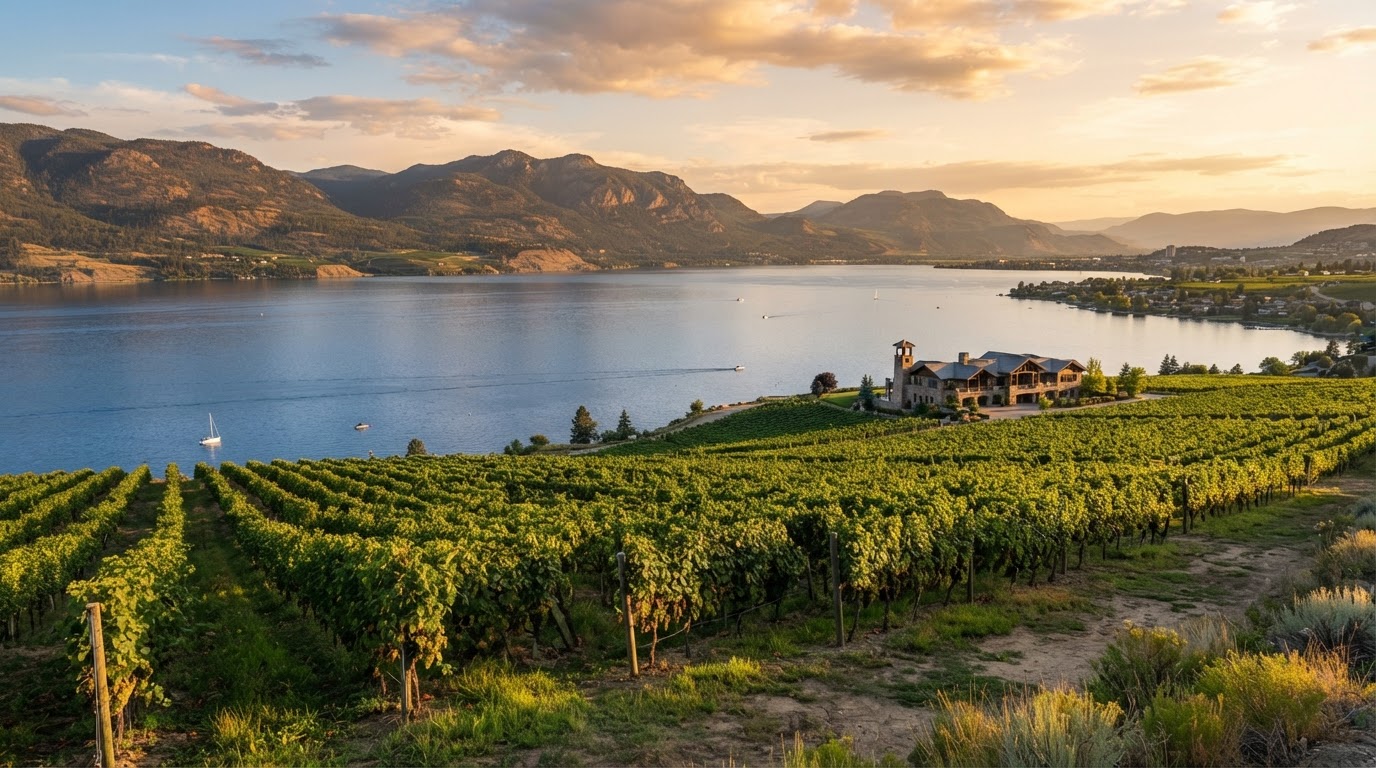 Okanagan Lake and vineyards near Kelowna, BC at golden hour