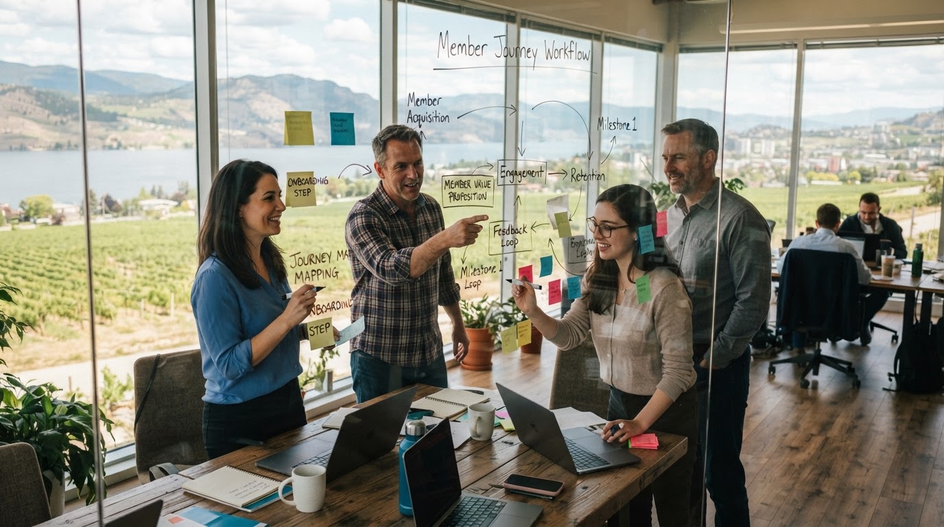 A team mapping out a member journey workflow on a glass whiteboard with sticky notes in a bright office overlooking Okanagan Lake near Kelowna, BC