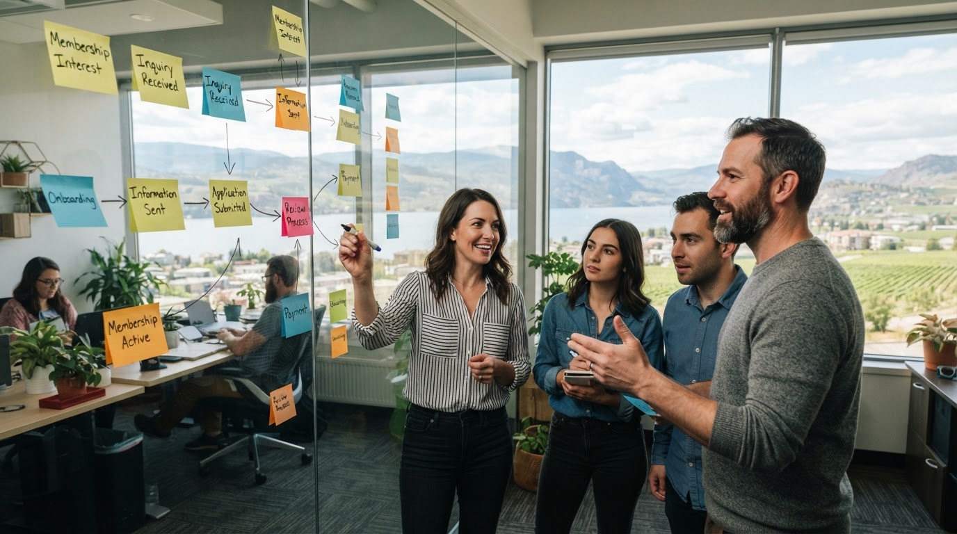 A team reviewing a membership process diagram with colorful sticky notes and flow arrows on a glass wall in a bright office overlooking Okanagan Lake near Kelowna, BC