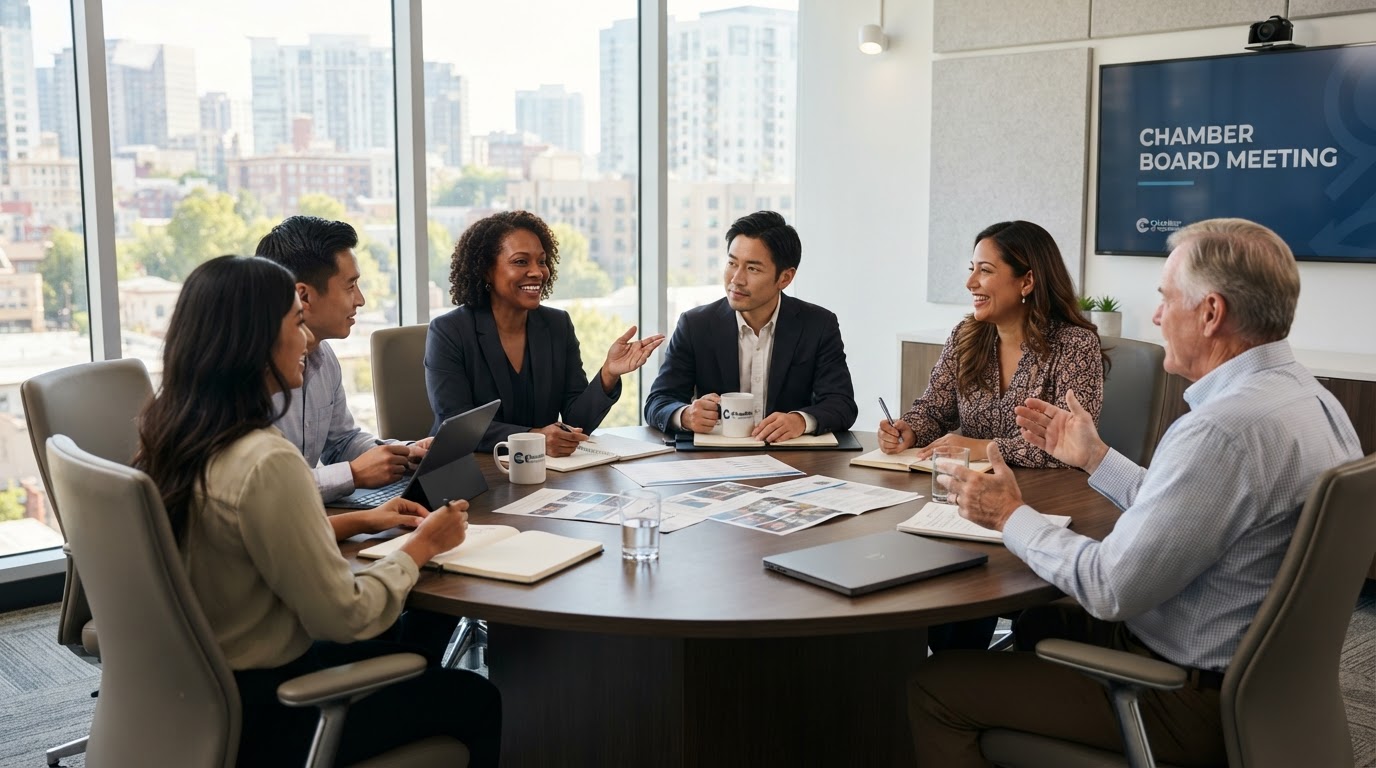 Local business owners and a chamber of commerce executive director in discussion in a bright boardroom