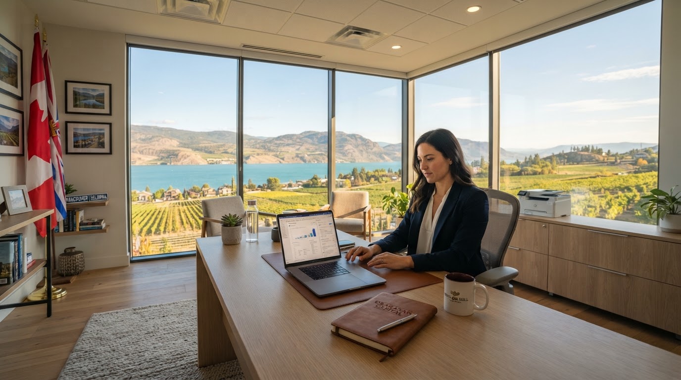 A modern office overlooking Okanagan Lake and vineyards in Kelowna, British Columbia