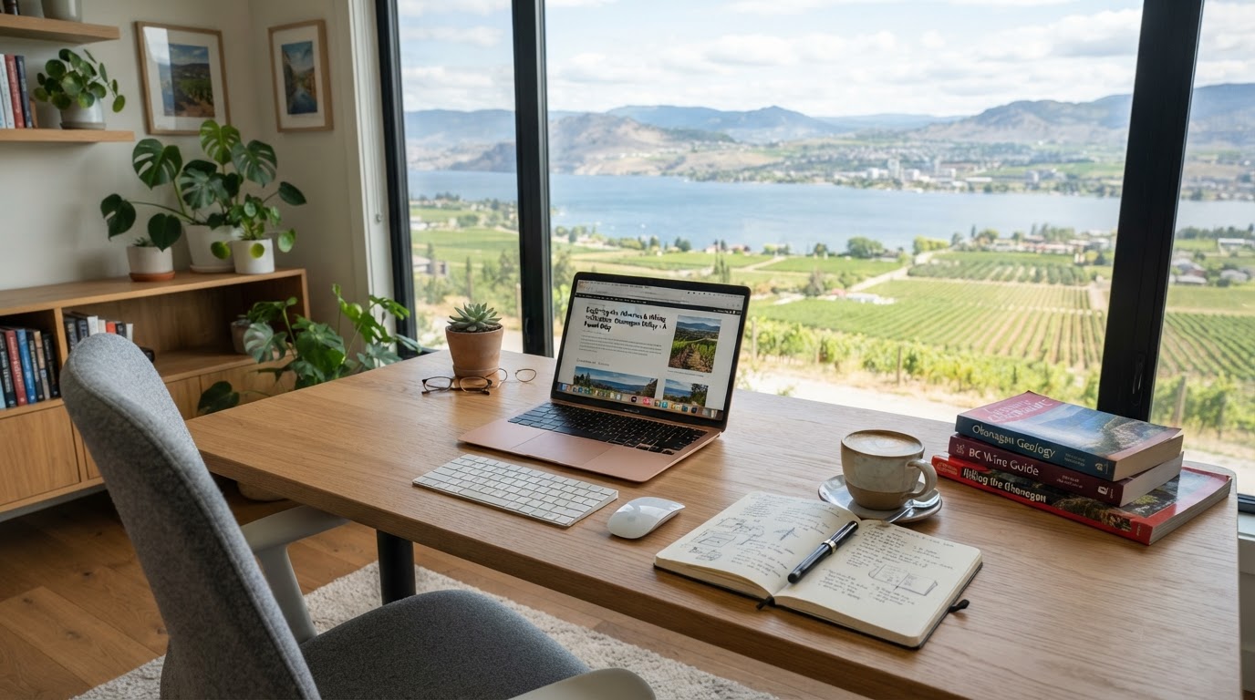 A clean workspace desk with an open laptop and reading materials in a bright office overlooking Okanagan Lake near Kelowna, BC