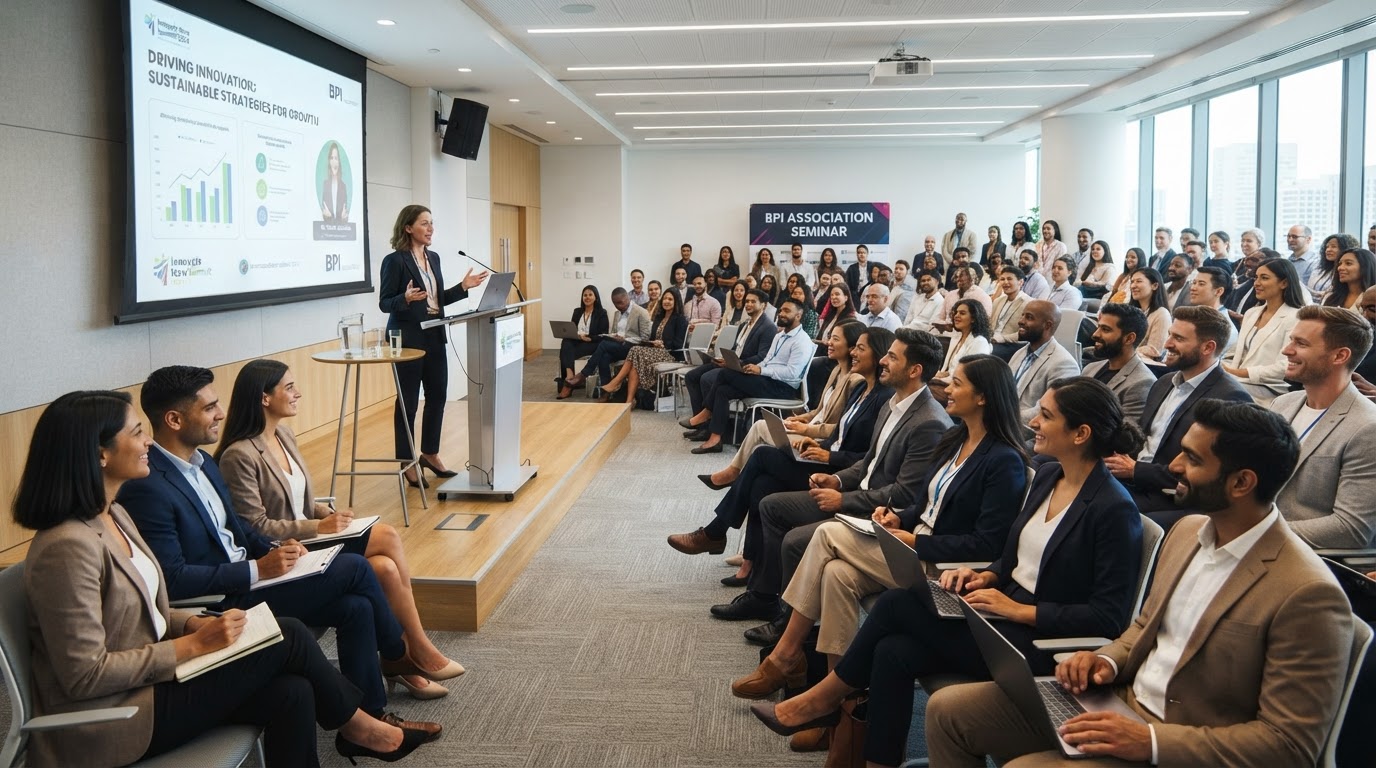 A professional association seminar with engaged attendees in a bright modern conference venue