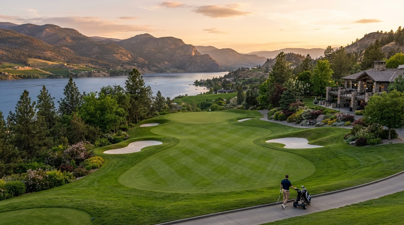 A golf course fairway overlooking Okanagan Lake near Kelowna, British Columbia