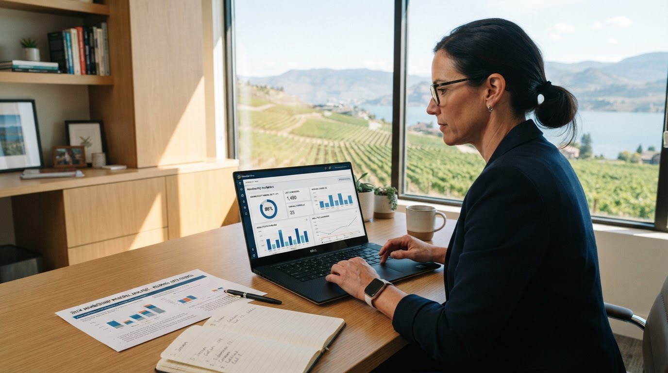 A business manager reviewing membership analytics dashboards and renewal reports on a laptop in a modern office with a view of Okanagan Lake near Kelowna, BC