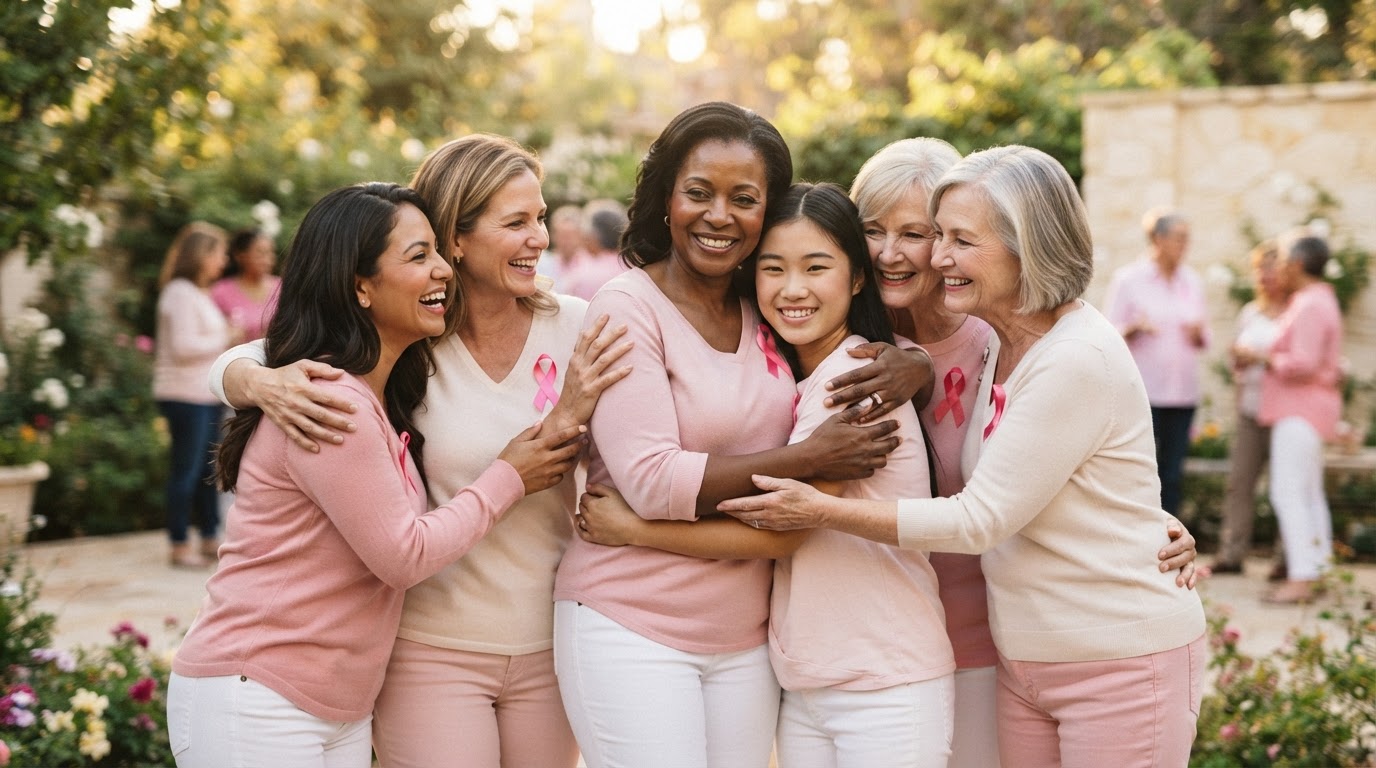 Mujeres de distintas edades unidas con apoyo y esperanza, símbolo del mes del cáncer de mama