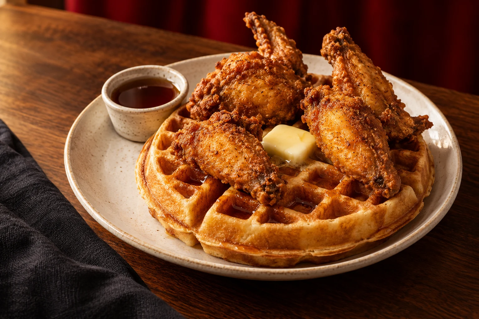 Illustrative crispy chicken wings on a golden waffle with syrup