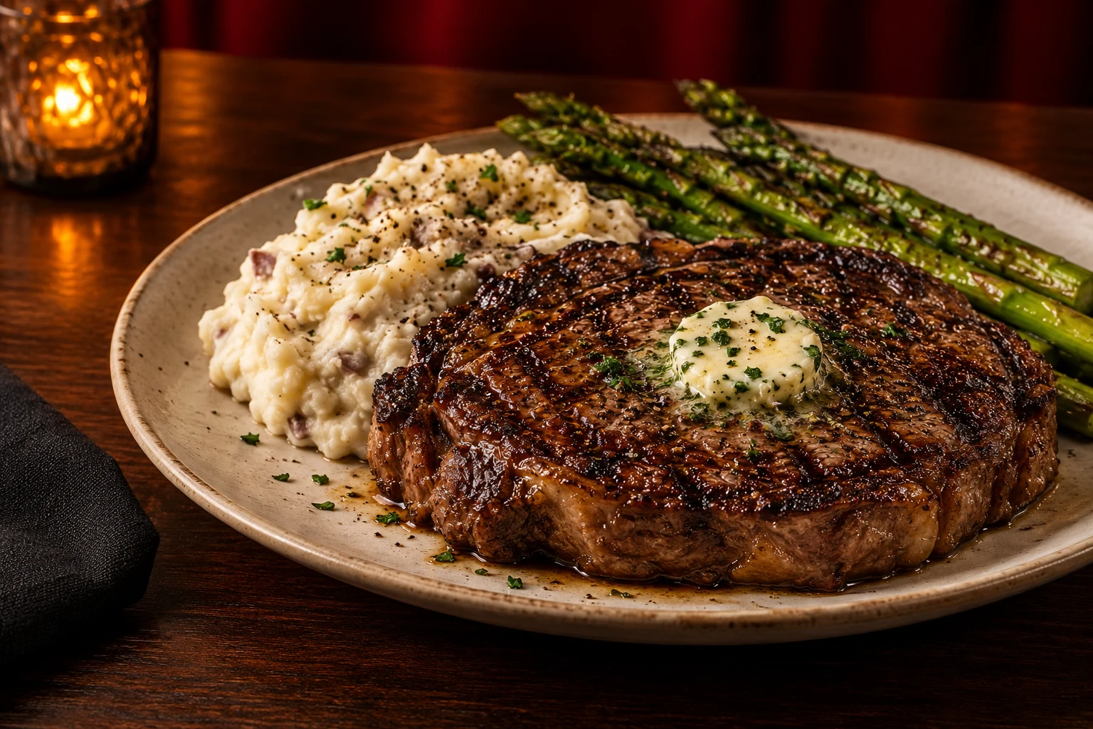 Illustrative chargrilled ribeye with mashed potatoes and asparagus