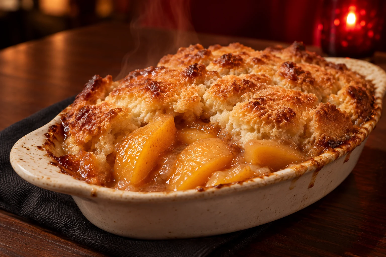Illustrative golden peach cobbler with warm peach filling